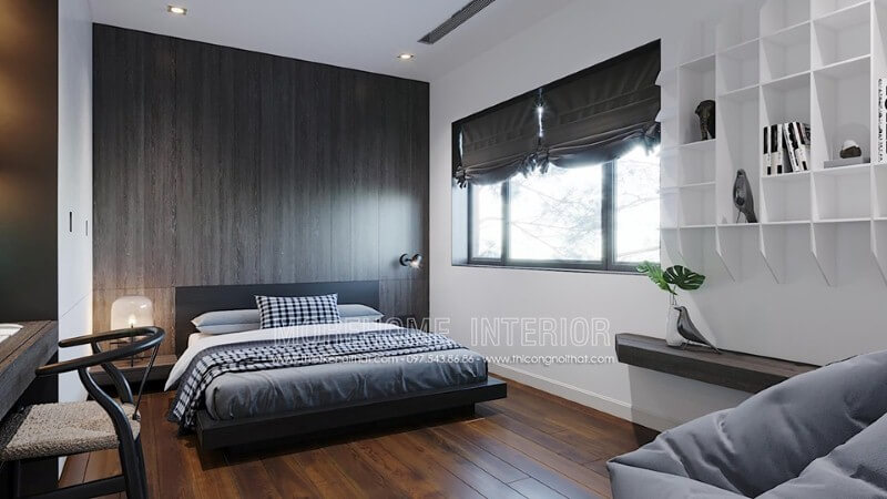 Khối gỗ ốp tường độc đáo với đường vân đẹp mắt cùng gỗ tối màu tạo nên vẻ đẹp cuốn hút trong cách trang trí phòng ngủ hiện đại. Thiết kế phòng ngủ biệt thự