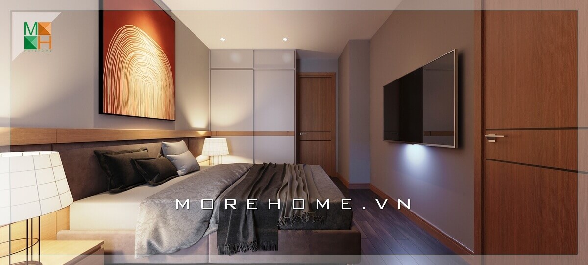 Mẫu thiết kế nội thất phòng ngủ chung cư hiện đại luôn được mọi gia đình hướng tới. Một sự sắp xếp nội thất hợp lý và gọn gàng từ TV treo tường đến bức tranh canvas nổi bật treo đầu giường đến ga giường màu trắng hết sức sáng tạo. Tất cả tạo nên căn phòng ngủ một khối hài hòa và thống nhất Thiết kế nội thất phòng ngủ chung cư hiện đại