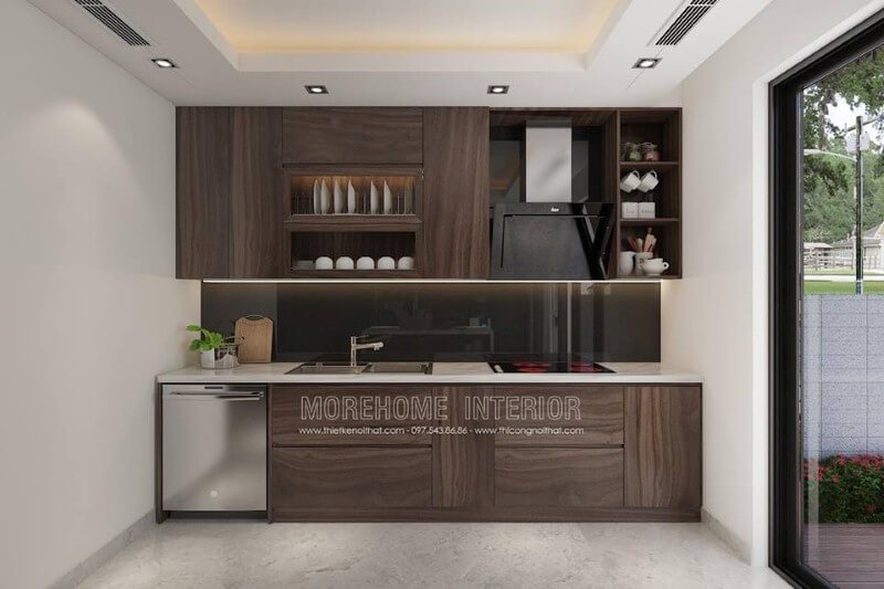 Tủ bếp laminate chữ i hiện đại đẹp với cách bố trí khoa học từ vị trí để máy rửa bát, bếp từ, bồn rửa, máy hút bụi. Tủ bếp đẹp, sang trọng và đẳng cấp
