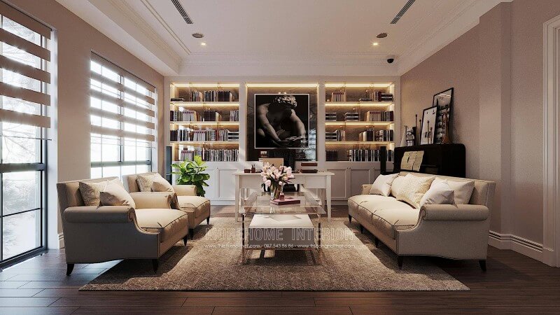 Mẫu sofa tân cổ điển bọc vải nhập khẩu cao cấp, nhẹ nhàng mà tinh tế cho phòng làm việc tại nhà của biệt thự ciputra tây hồ hà nội Sofa tân cổ điển cao cấp