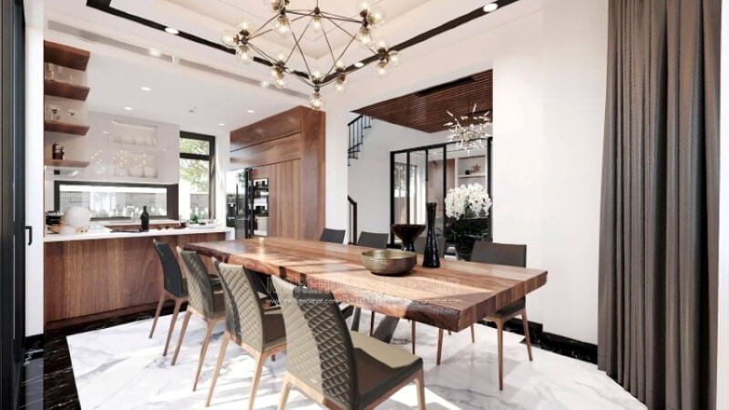 Sẽ là một gợi ý sáng tạo sẽ khiến bạn thích thú như trong ý tưởng bố trí không gian bếp hiện đại biệt thự Vinhomes Imperia Hải Phòng trong đây, bố trí kệ trang trí ở vị trí gần bàn ăn nhất giúp bạn lấy ly, chén một cách nhanh chóng.