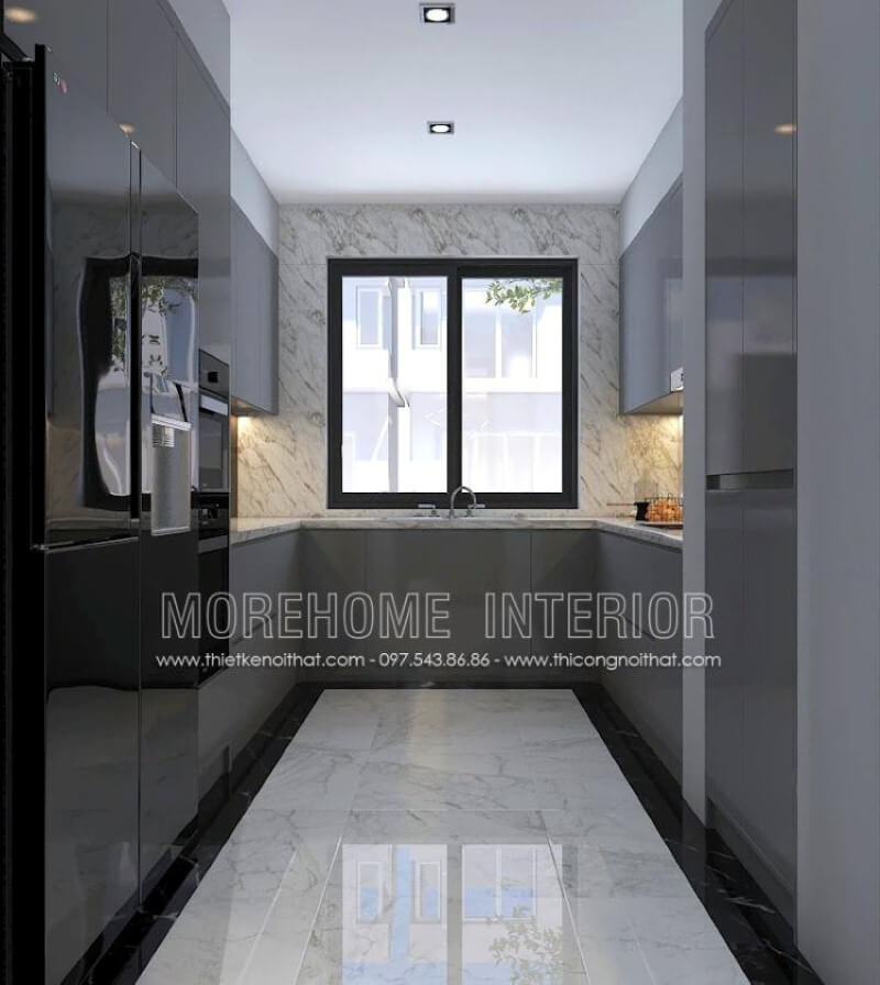 Bố trí nội thất phòng bếp không được lớn, việc sử dụng máy hút mùi có thể giúp lọc sạch không khí tuy nhiên việc bố trí cửa sổ lớn vừa giúp không khí lưu thông lại mang lại nguồn sinh khí có thể là điểm đáng chú ý.