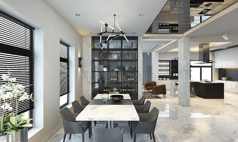 Thiết kế nội thất phòng ăn biệt thự đẹp hiện đại được ngăn cách với không gian phòng khách bằng tủ kính đa năng tạo sự riêng tư và thoải mái
