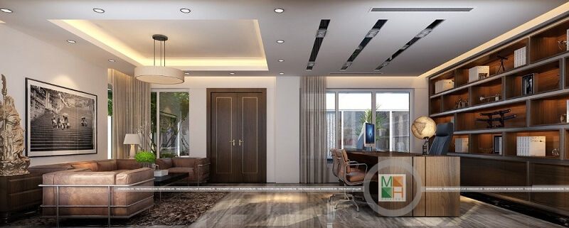 Đồ nội thất văn phòng hiện đại : sofa da cao cấp, bàn làm việc gỗ tự nhiên, kế sách ốp tường đẹp với sự bố trí hài hòa mang đến một không gian làm việc lí tưởng