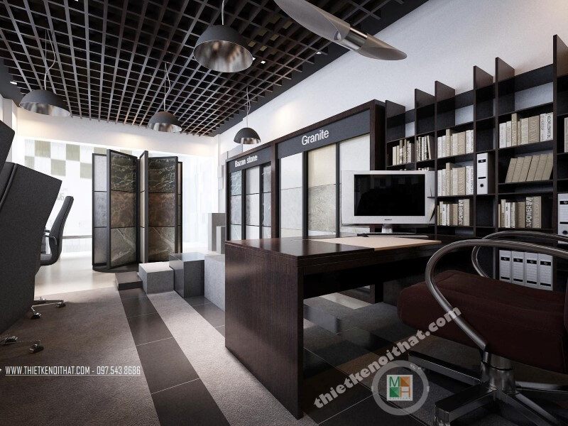 Trang trí nội thất showroom đá tự nhiên đẹp sử dụng đồ nội thất gỗ công nghiệp MFC hiện đại theo tông màu trầm san trọng và cách bố trí không gian hợp lí