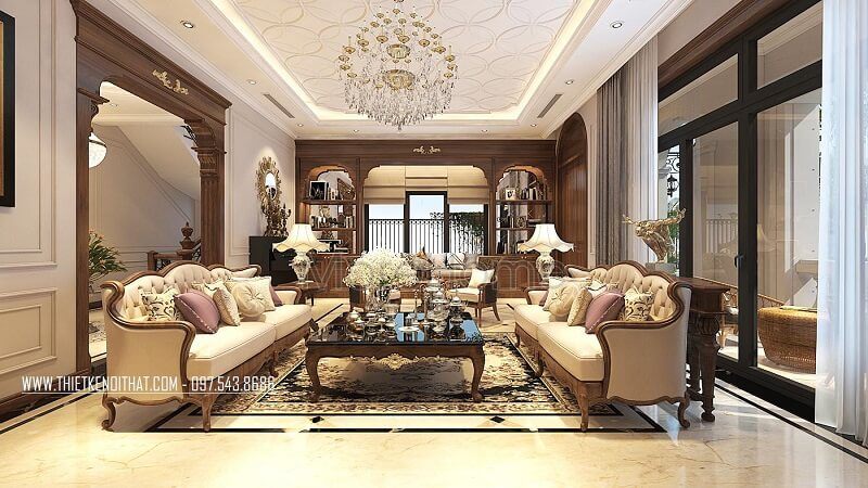Mẫu bàn trà tân cổ điển màu nâu trầm kết hợp với bộ sofa da tân cổ điển mang đến vẻ đẹp sang trọng, đẳng cấp cho phòng khách.
