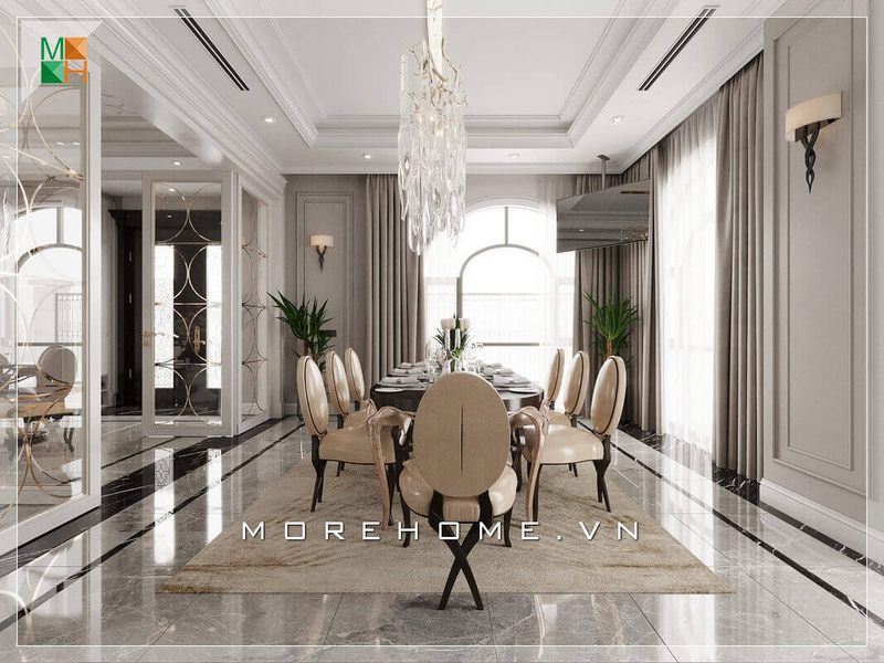 Mẫu bàn ăn 8 ghế ăn bọc da chân gỗ tự nhiên, cao cấp sẽ làm nên sự sang trọng cho phòng ăn tân cổ điển của căn hộ, nhà phố, biệt thự.